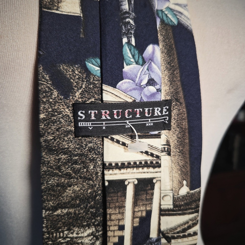 Structure Silk Tie Vintage 90s Roman Architecture Greek Temple Floral Navy Blue - Picture 4 of 5